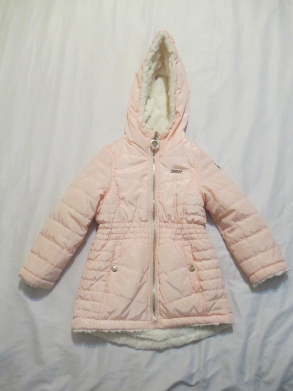 DKNY Girls Reversible Winter Puffer Jacket Pink Faux Fur Sherpa Coat Hooded